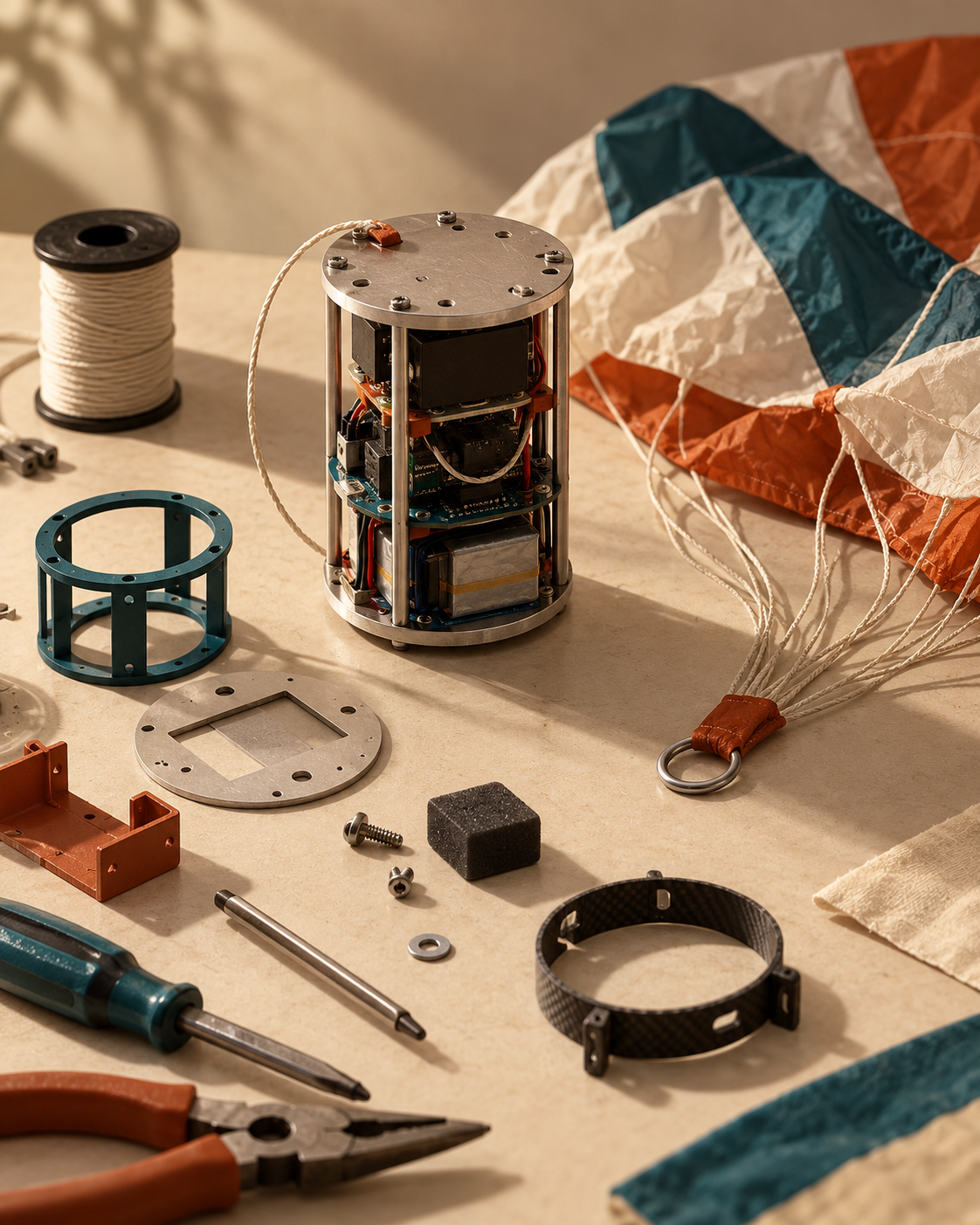 Conceptual illustration of a can-sized satellite assembly, parachute, components and tools on a workbench.