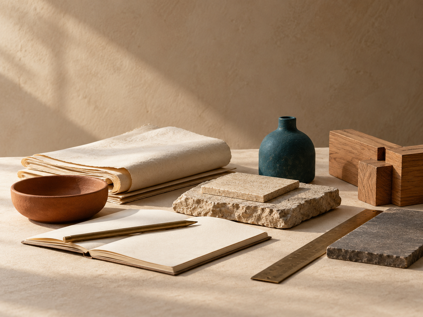 Conceptual still life of blank paper, a notebook, clay, stone and a timber joint on a shared work surface.